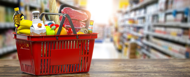 Shopping basket with fresh food. Grocery supermarket, food and eats online buying and delivery concept. 3d illustration.