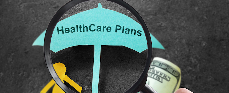 Person with magnifying glass and Healthcare Plans umbrella with cash