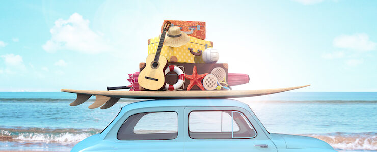 Car with luggage on the roof ready for summer vacation 3D Rendering
